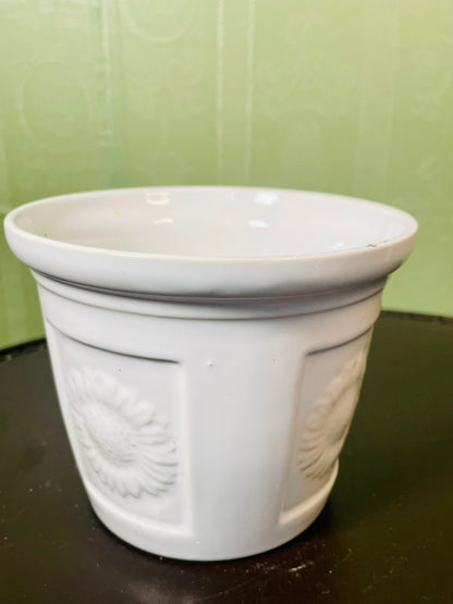 Vintage White Ceramic Planter Embossed Floral Design 13 cm