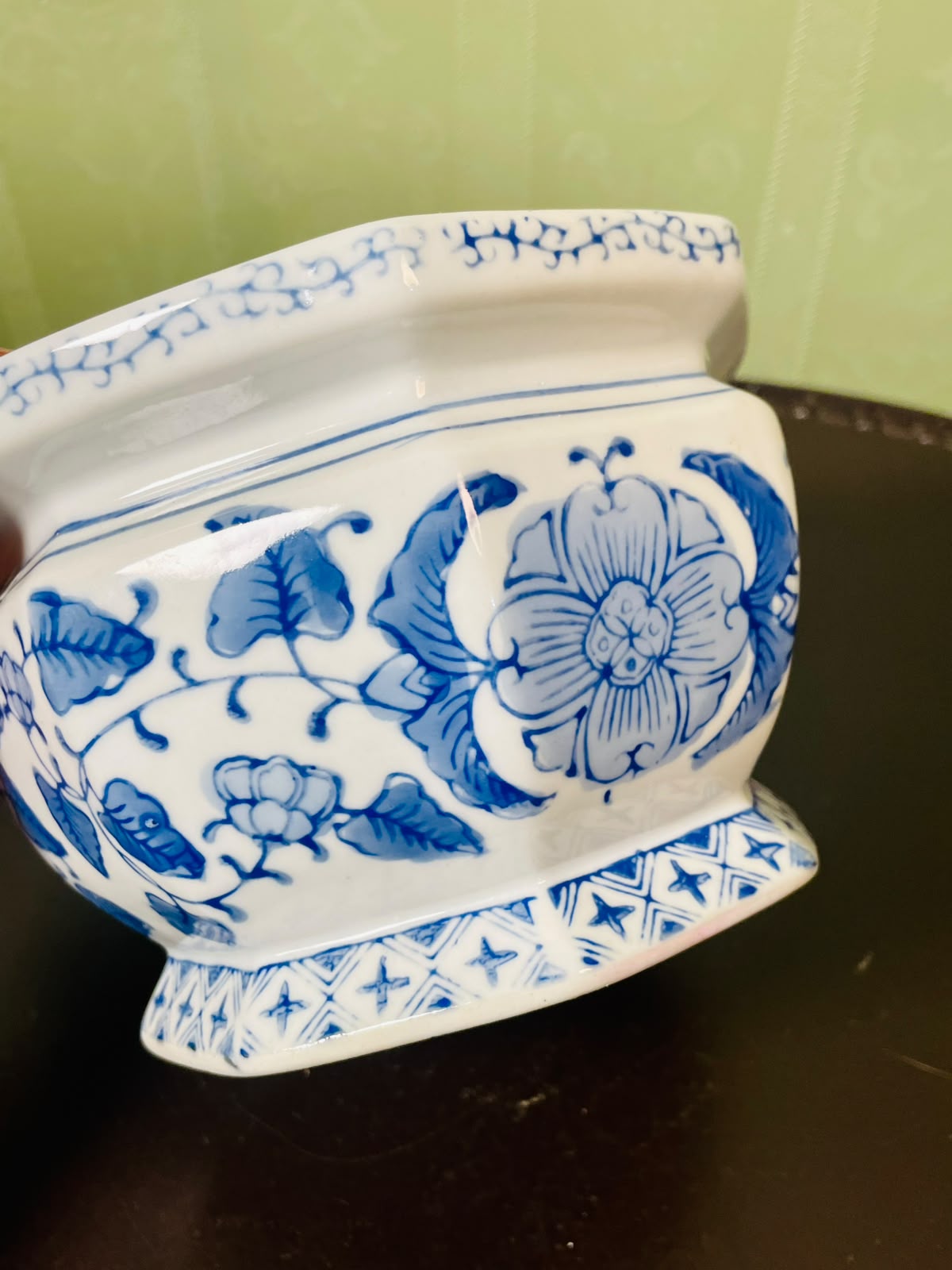 Blue & White Floral Ceramic Planter Octagonal 16 cm