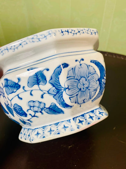 Blue & White Floral Ceramic Planter Octagonal 16 cm