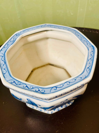 Blue & White Floral Ceramic Planter Octagonal 16 cm