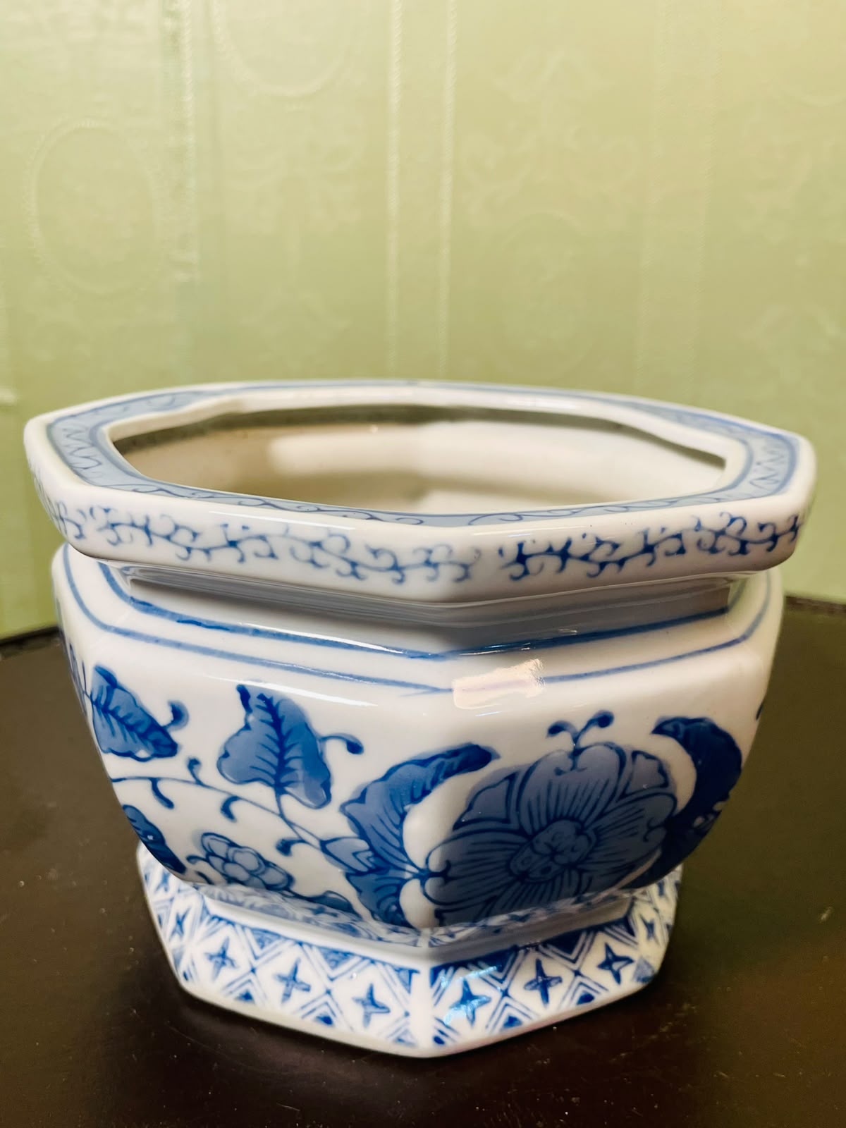 Blue & White Floral Ceramic Planter Octagonal 16 cm