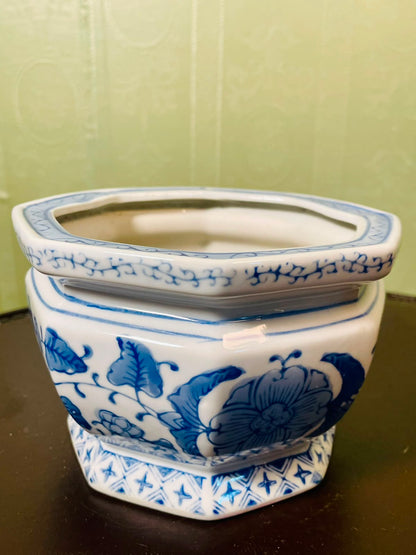 Blue & White Floral Ceramic Planter Octagonal 16 cm