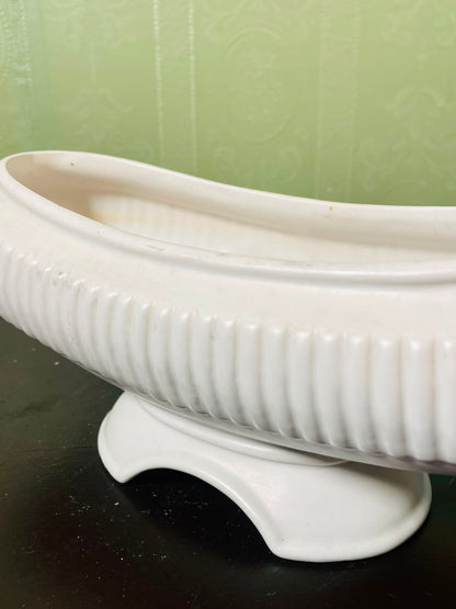 Vintage White Ceramic Ribbed Footed Planter Vase 24 cm