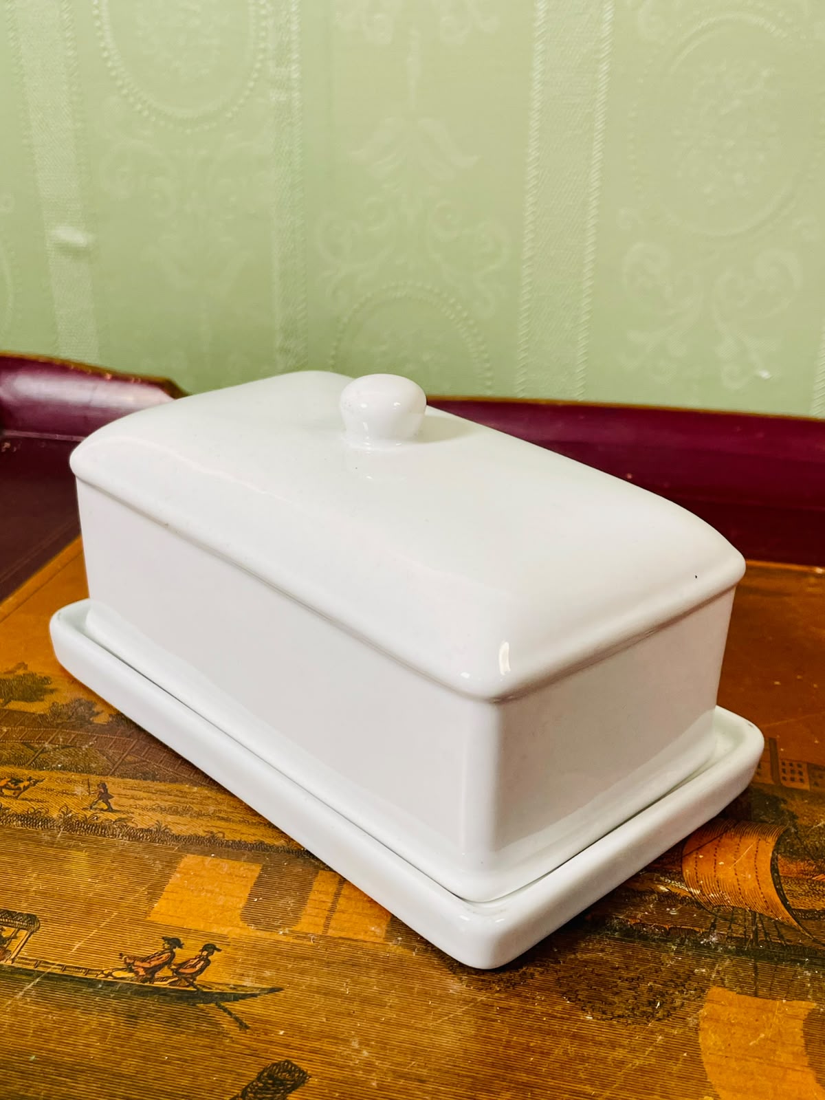 Vintage White Ceramic Butter Dish  Set 16cm