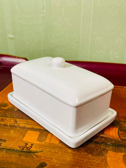 Vintage White Ceramic Butter Dish  Set 16cm