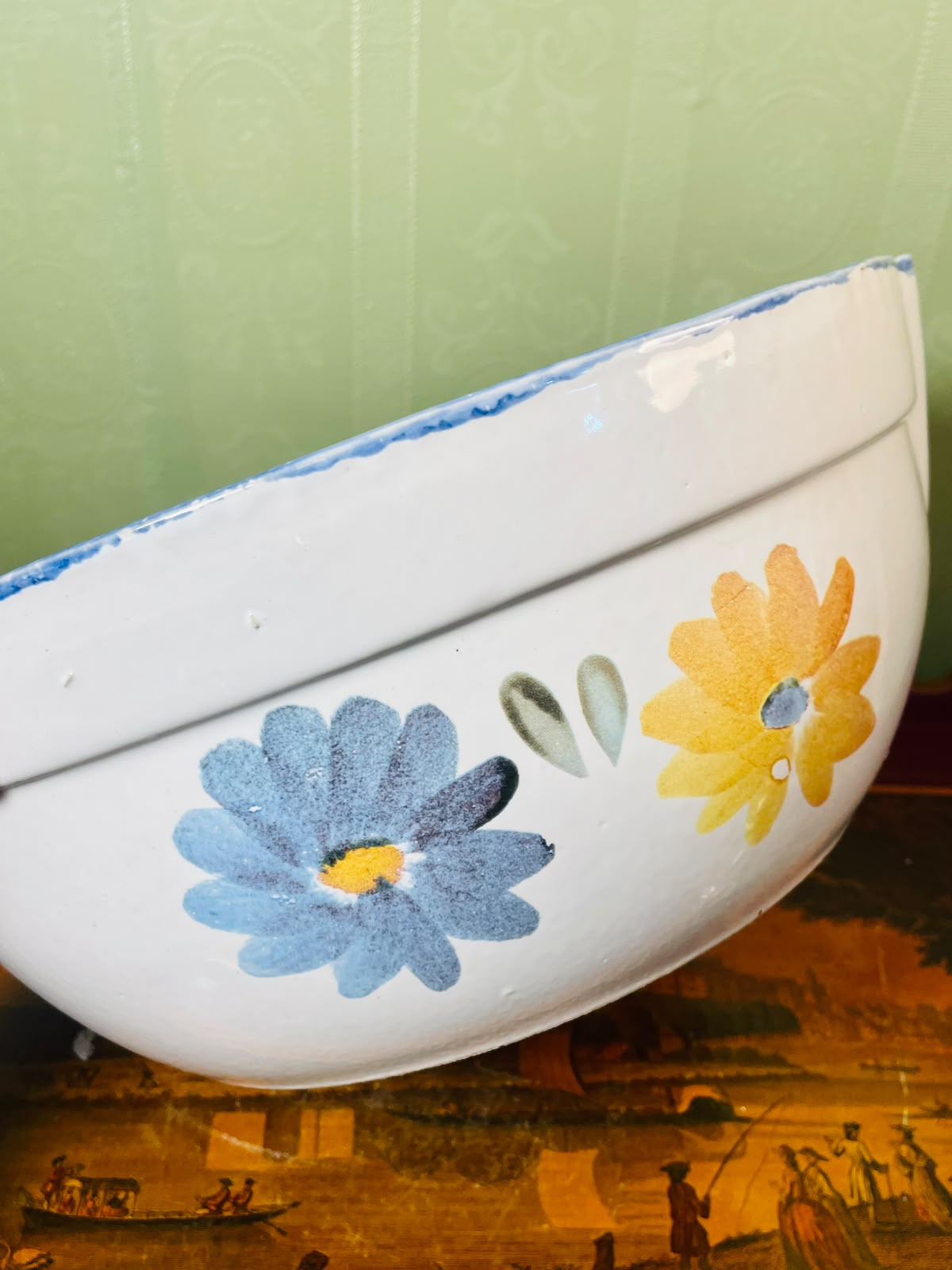 Extra Large Deep Blue & Yellow Floral Ceramic Serving Bowl 35cm