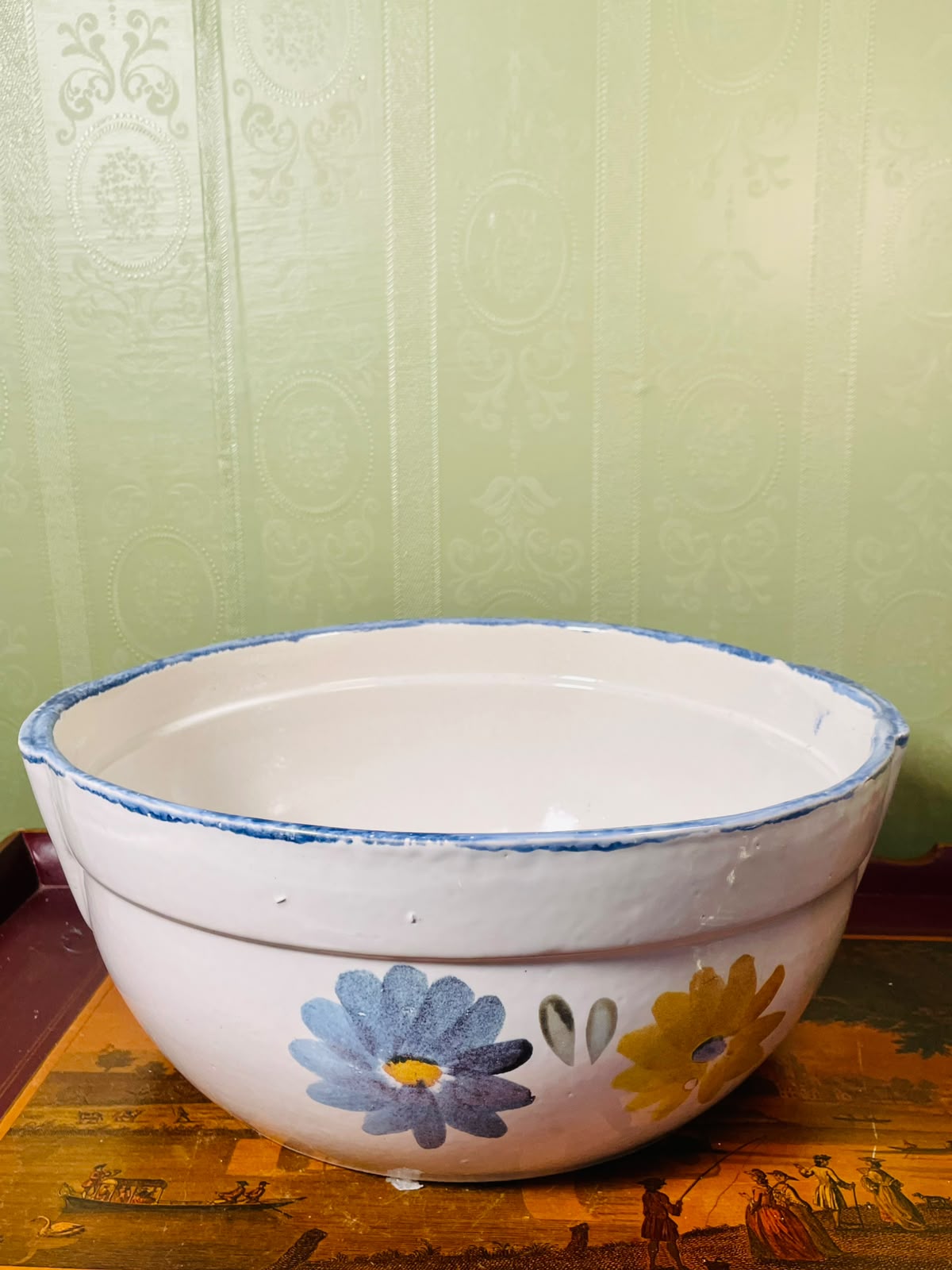 Extra Large Deep Blue & Yellow Floral Ceramic Serving Bowl 35cm