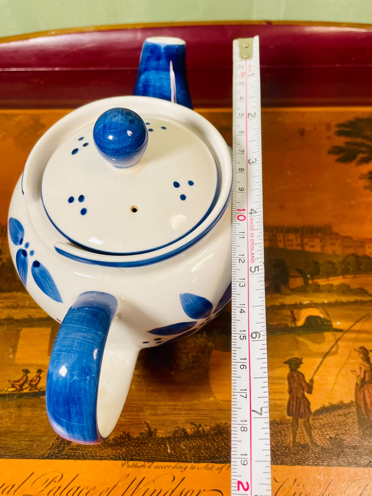 Vintage Blue Floral Pottery Teapot with Lid 13cm