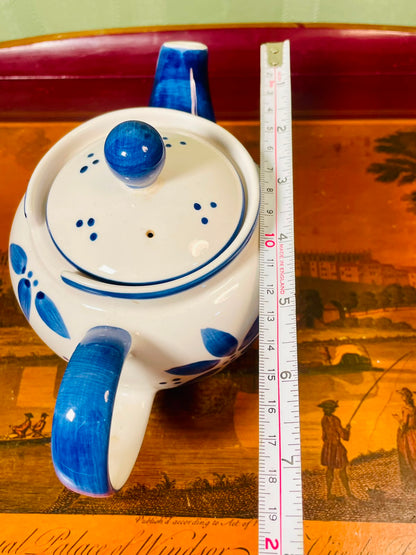 Vintage Blue Floral Pottery Teapot with Lid 13cm