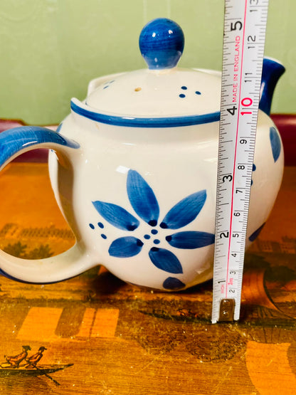 Vintage Blue Floral Pottery Teapot with Lid 13cm