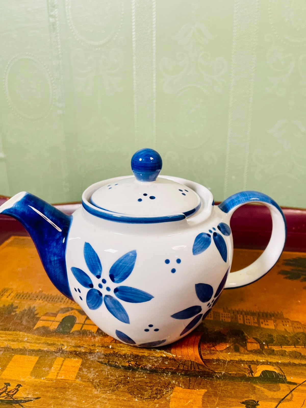 Vintage Blue Floral Pottery Teapot with Lid 13cm