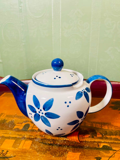 Vintage Blue Floral Pottery Teapot with Lid 13cm