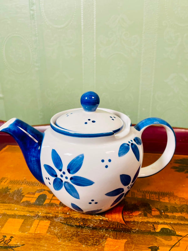 Vintage Blue Floral Pottery Teapot with Lid 13cm