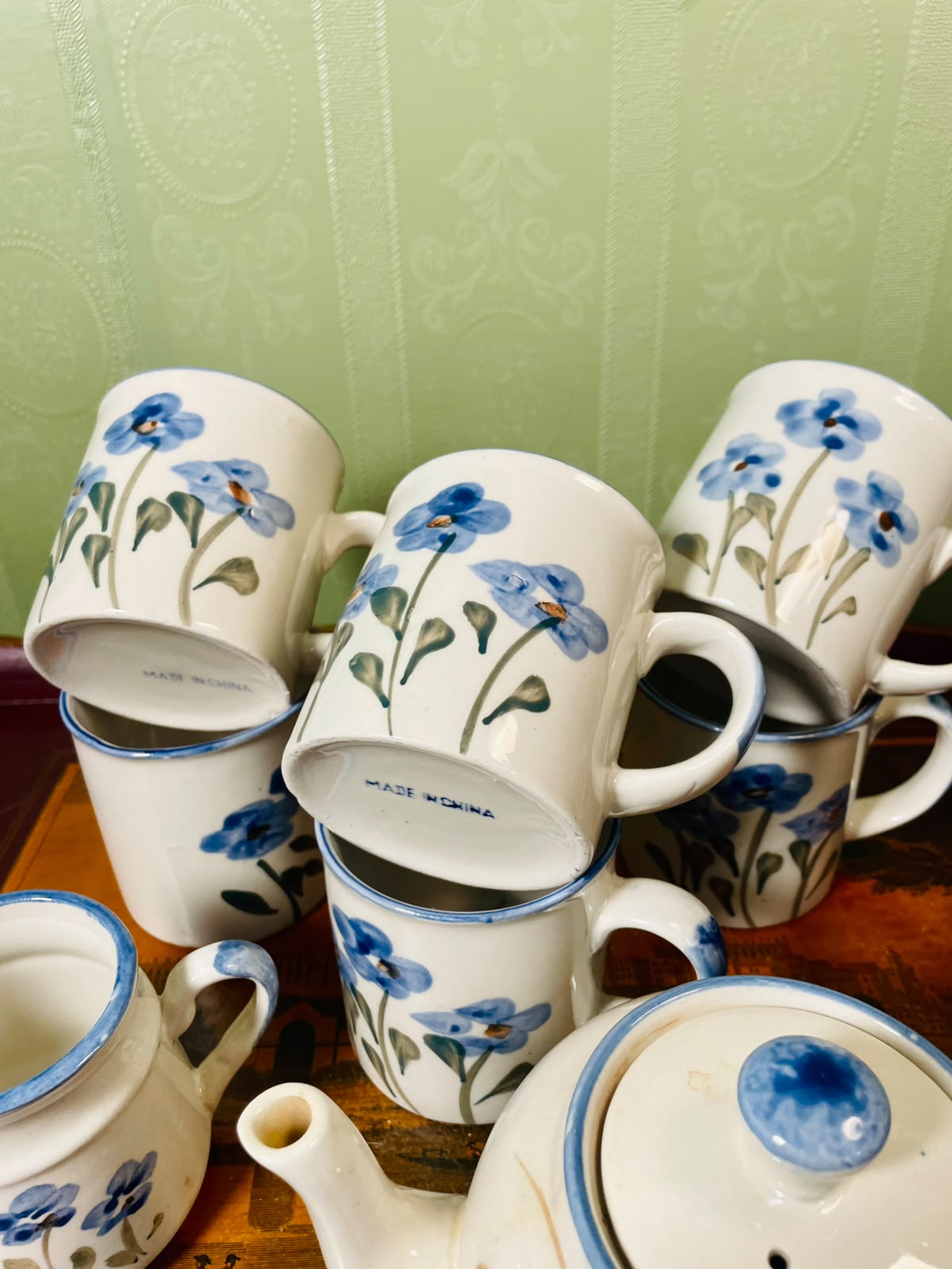 Blue Floral Pottery Tea Set 8-Piece, Hand Painted
