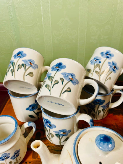 Blue Floral Pottery Tea Set 8-Piece, Hand Painted
