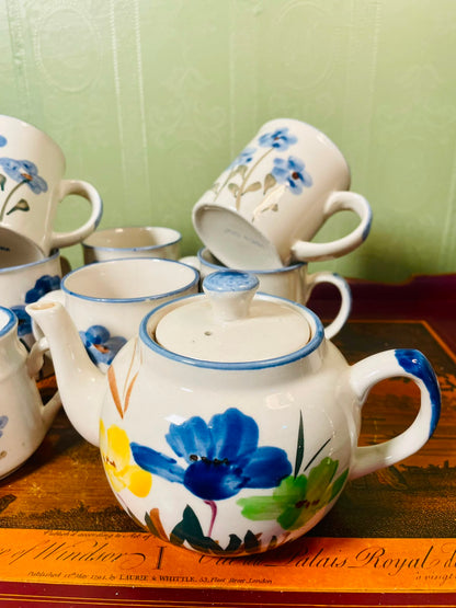Blue Floral Pottery Tea Set 8-Piece, Hand Painted