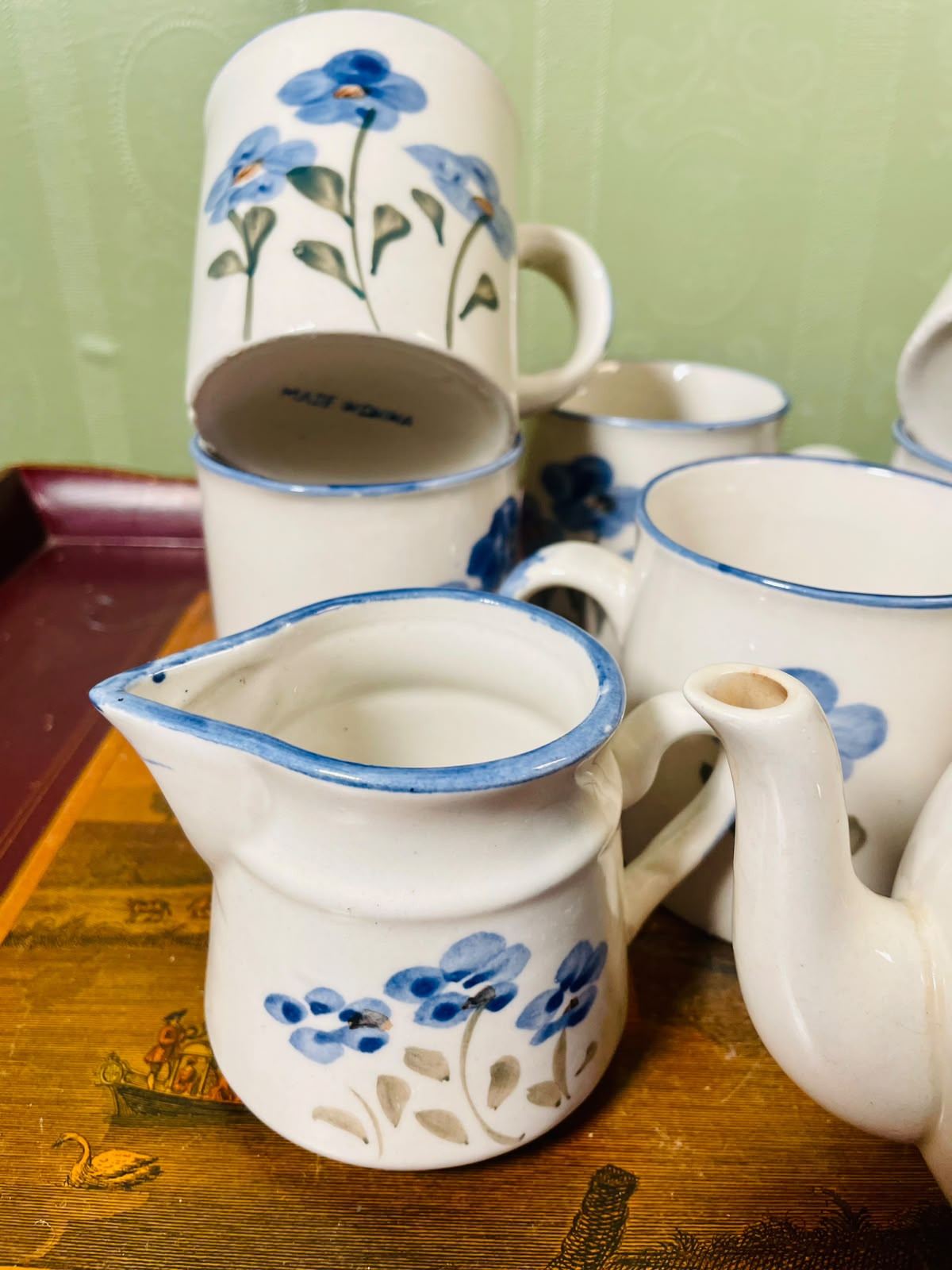 Blue Floral Pottery Tea Set 8-Piece, Hand Painted