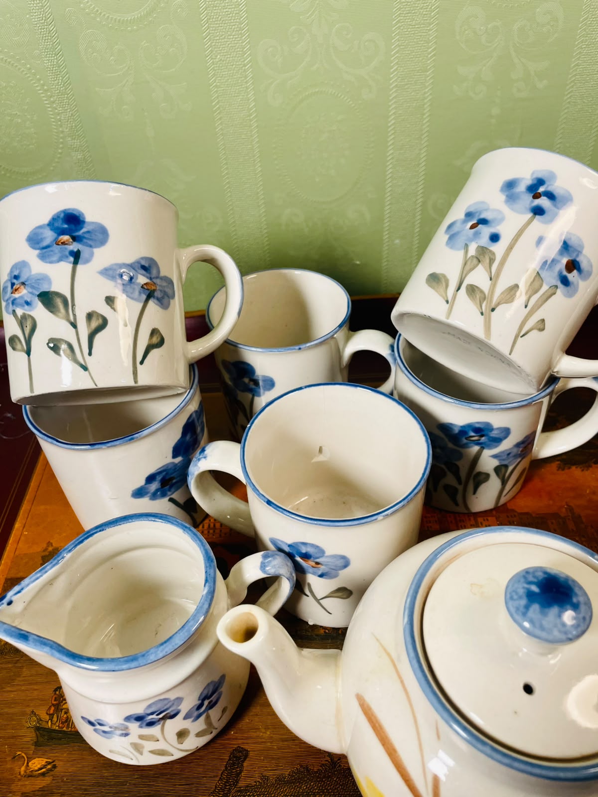 Blue Floral Pottery Tea Set 8-Piece, Hand Painted
