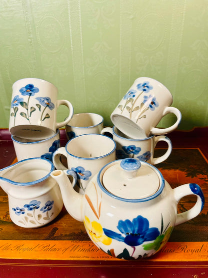 Blue Floral Pottery Tea Set 8-Piece, Hand Painted