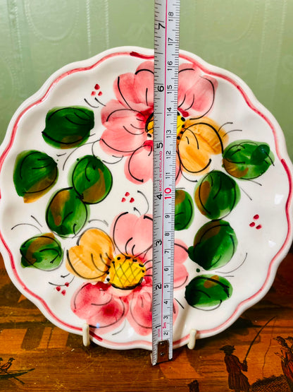 Hand-Painted Floral Scalloped Ceramic Plate Pink Green 16cm