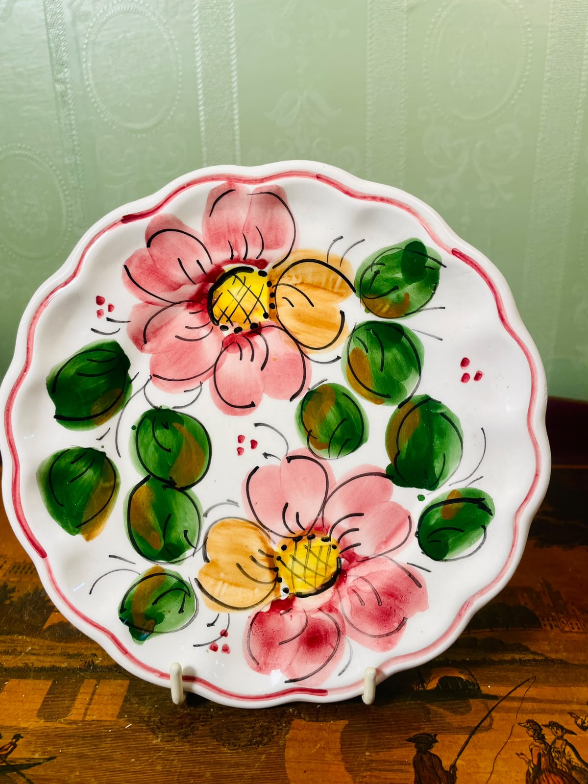 Hand-Painted Floral Scalloped Ceramic Plate Pink Green 16cm