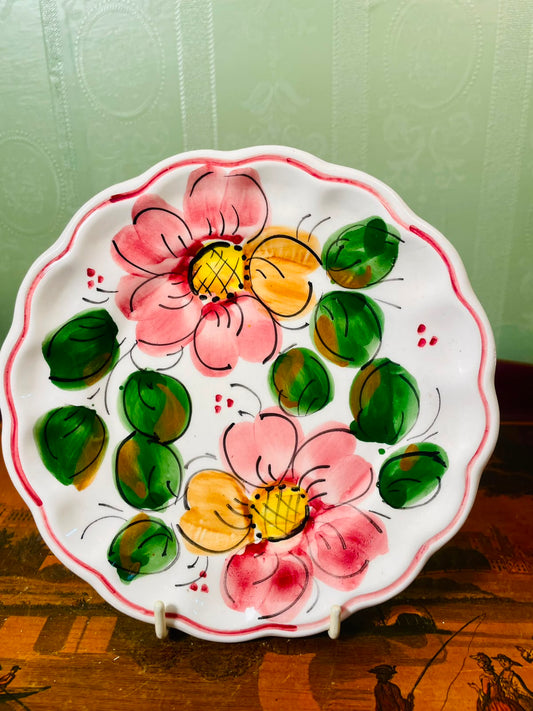 Hand-Painted Floral Scalloped Ceramic Plate Pink Green 16cm