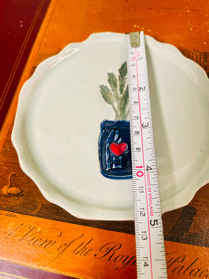 Hand-Painted Scalloped Ceramic Trinket Dish with Blue Jar & Red Heart – 12cm