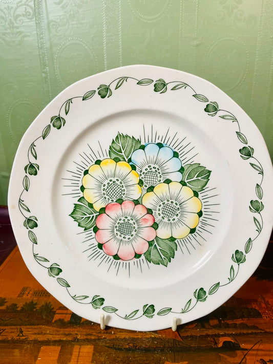 Vintage Floral Ceramic Dinner Plate with Green Border – 22cm Decorative Plate