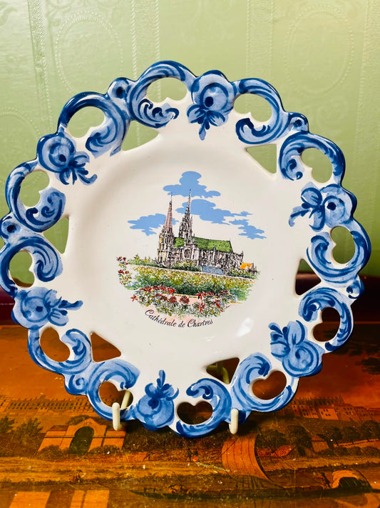 Vintage Cathedral of Chartres Decorative Plate – Blue & White Pierced Ceramic Display Plate