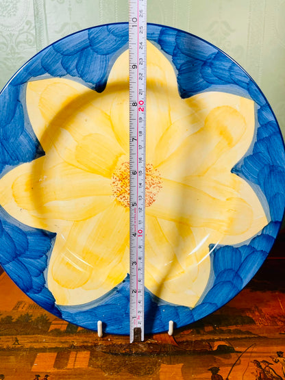 Large Hand-Painted Blue & Yellow Floral Ceramic Dinner Plate – Decorative or Serving Plate (26 cm)