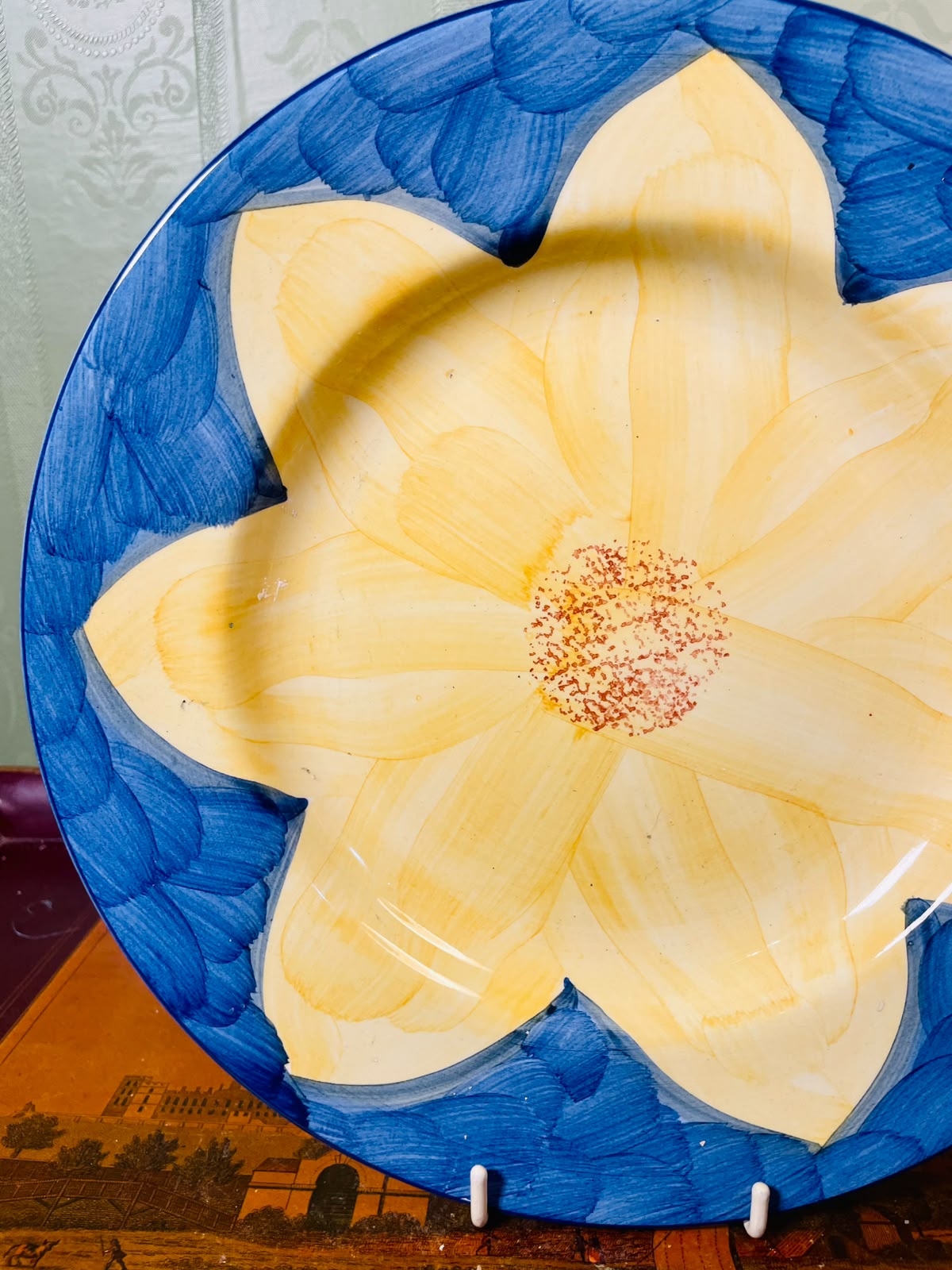 Large Hand-Painted Blue & Yellow Floral Ceramic Dinner Plate – Decorative or Serving Plate (26 cm)