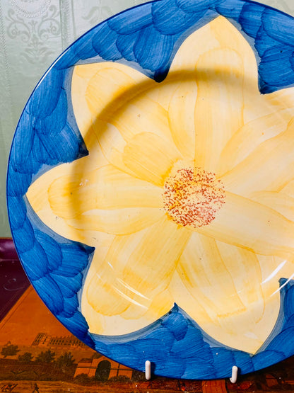 Large Hand-Painted Blue & Yellow Floral Ceramic Dinner Plate – Decorative or Serving Plate (26 cm)