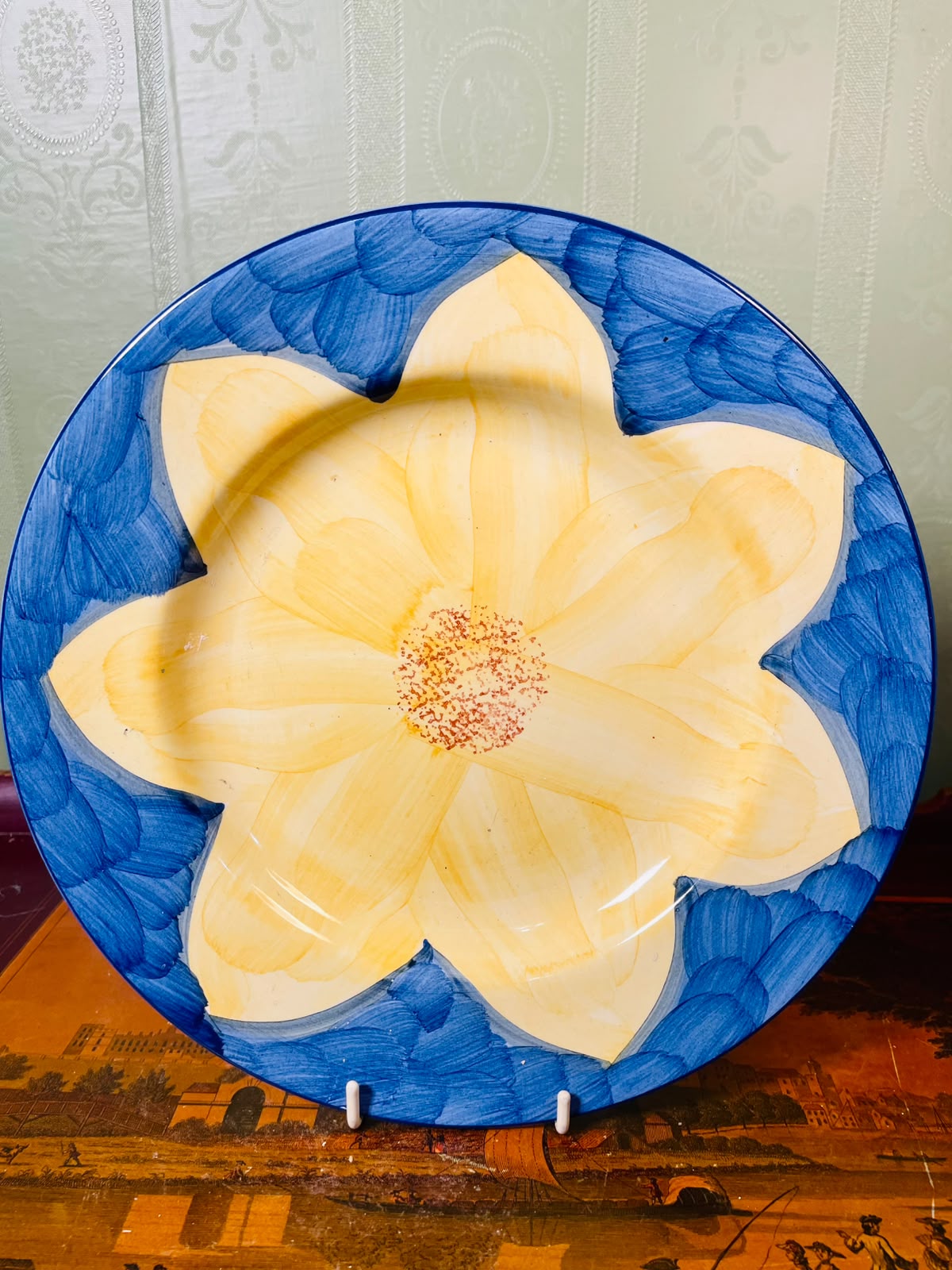 Large Hand-Painted Blue & Yellow Floral Ceramic Dinner Plate – Decorative or Serving Plate (26 cm)