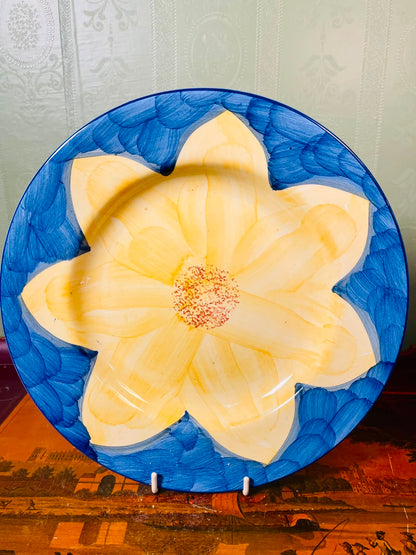 Large Hand-Painted Blue & Yellow Floral Ceramic Dinner Plate – Decorative or Serving Plate (26 cm)