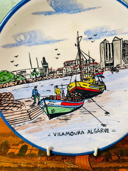 Vintage Vilamoura Algarve Hand-Painted Ceramic Souvenir Plate – Portuguese Harbour Scene, 20 cm