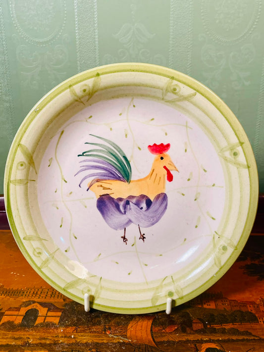 Vintage Hand-Painted Rooster Ceramic Plate – Green Rim Folk Art Decorative Plate, 18 cm