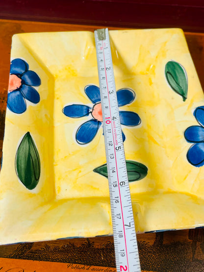 Hand-Painted Square Ceramic Serving Dish – Yellow Blue Floral Decorative Plate, 18 cm