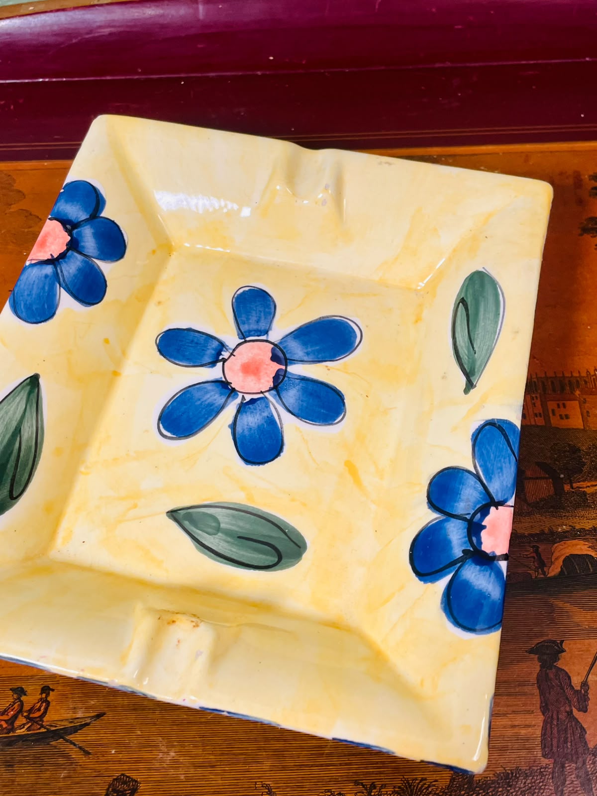 Hand-Painted Square Ceramic Serving Dish – Yellow Blue Floral Decorative Plate, 18 cm