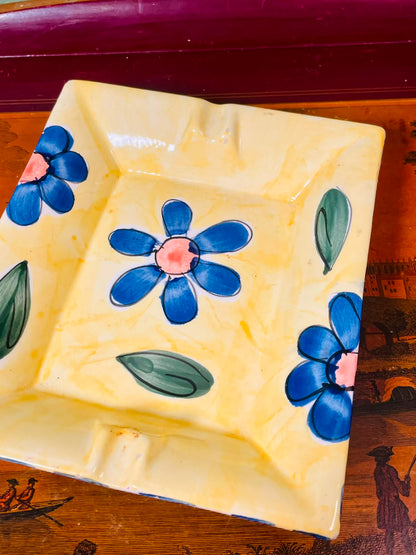 Hand-Painted Square Ceramic Serving Dish – Yellow Blue Floral Decorative Plate, 18 cm