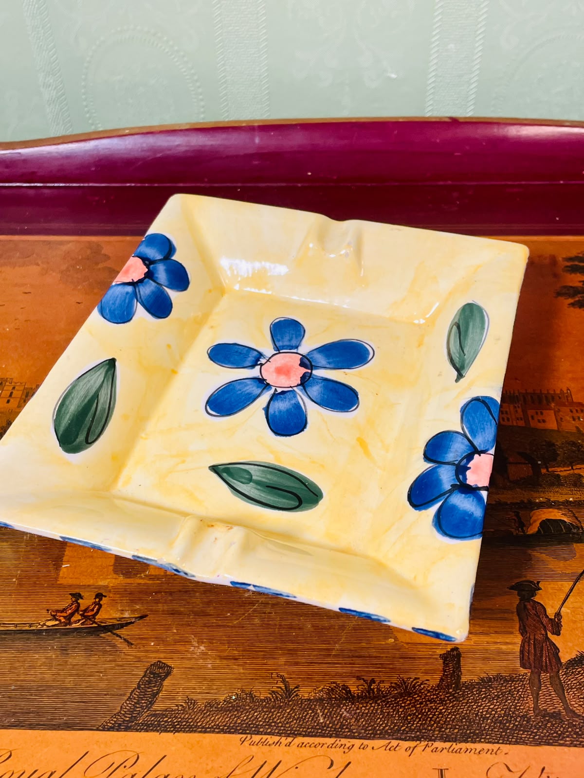 Hand-Painted Square Ceramic Serving Dish – Yellow Blue Floral Decorative Plate, 18 cm