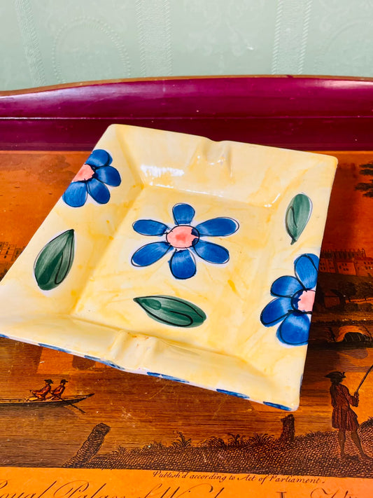 Hand-Painted Square Ceramic Serving Dish – Yellow Blue Floral Decorative Plate, 18 cm
