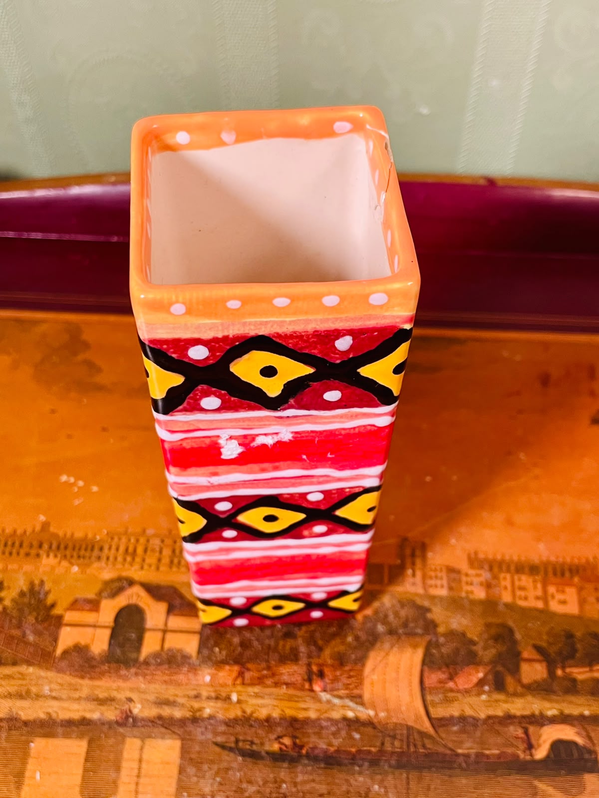 Colourful Geometric Ceramic Vase 16cm Square Decorative Planter