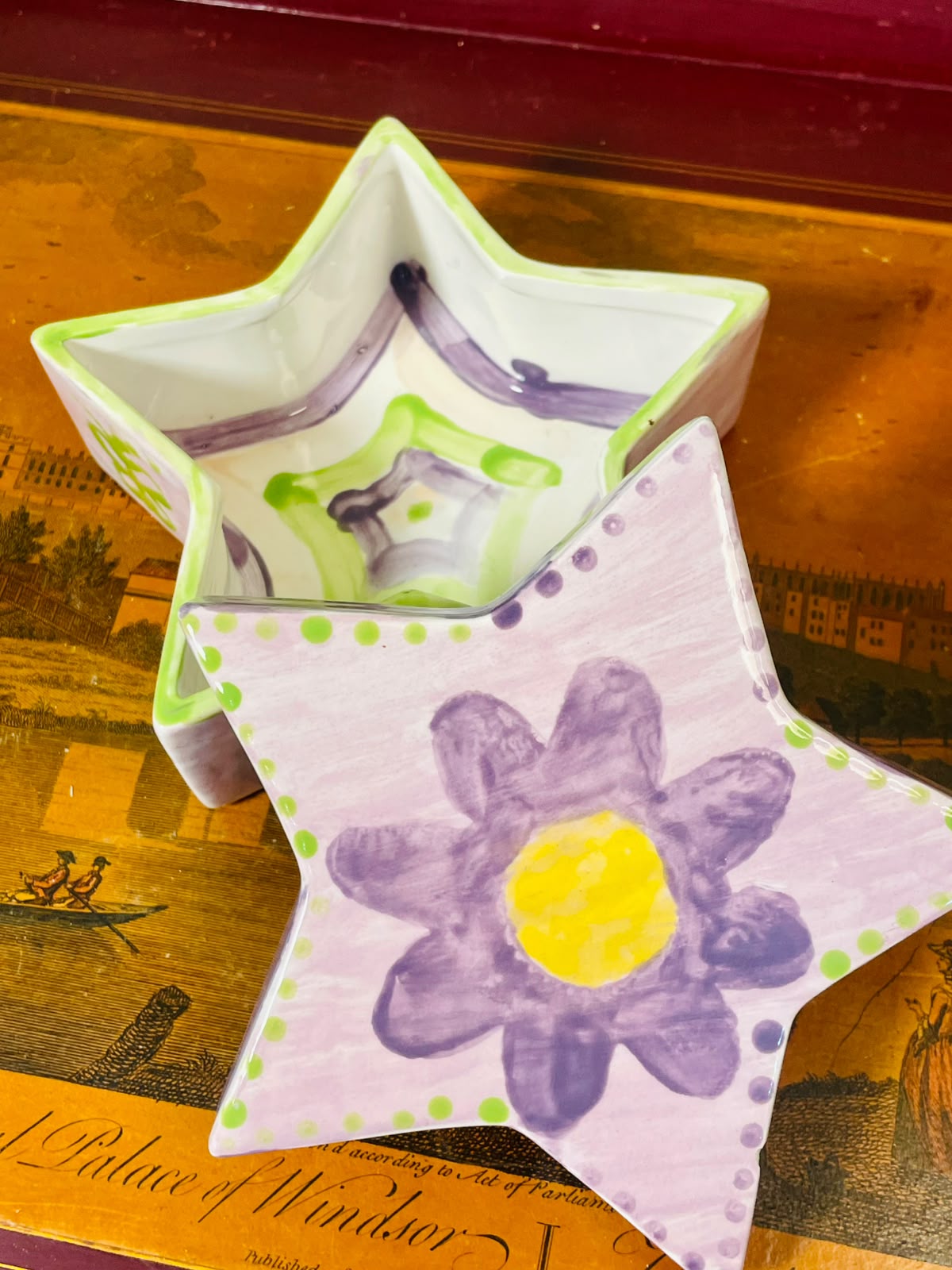 Hand painted Purple & Green Floral Star Ceramic Bowls 2-Piece 13cm