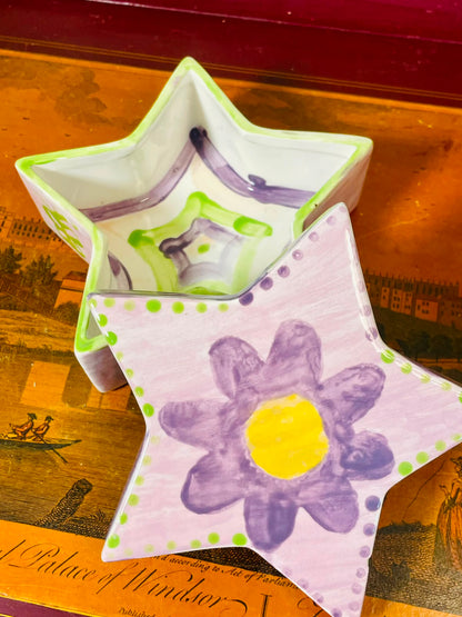 Hand painted Purple & Green Floral Star Ceramic Bowls 2-Piece 13cm