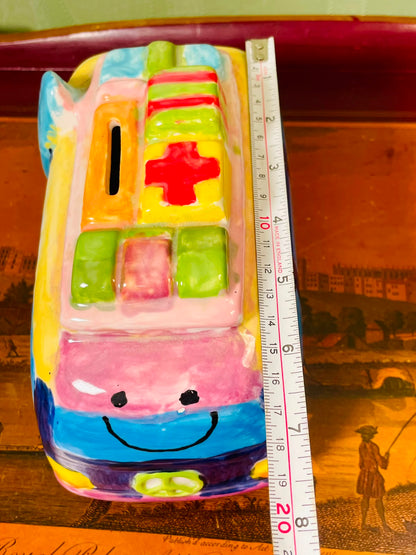 Colourful Ambulance Ceramic hand painted Coin Bank 20cm Novelty Decor