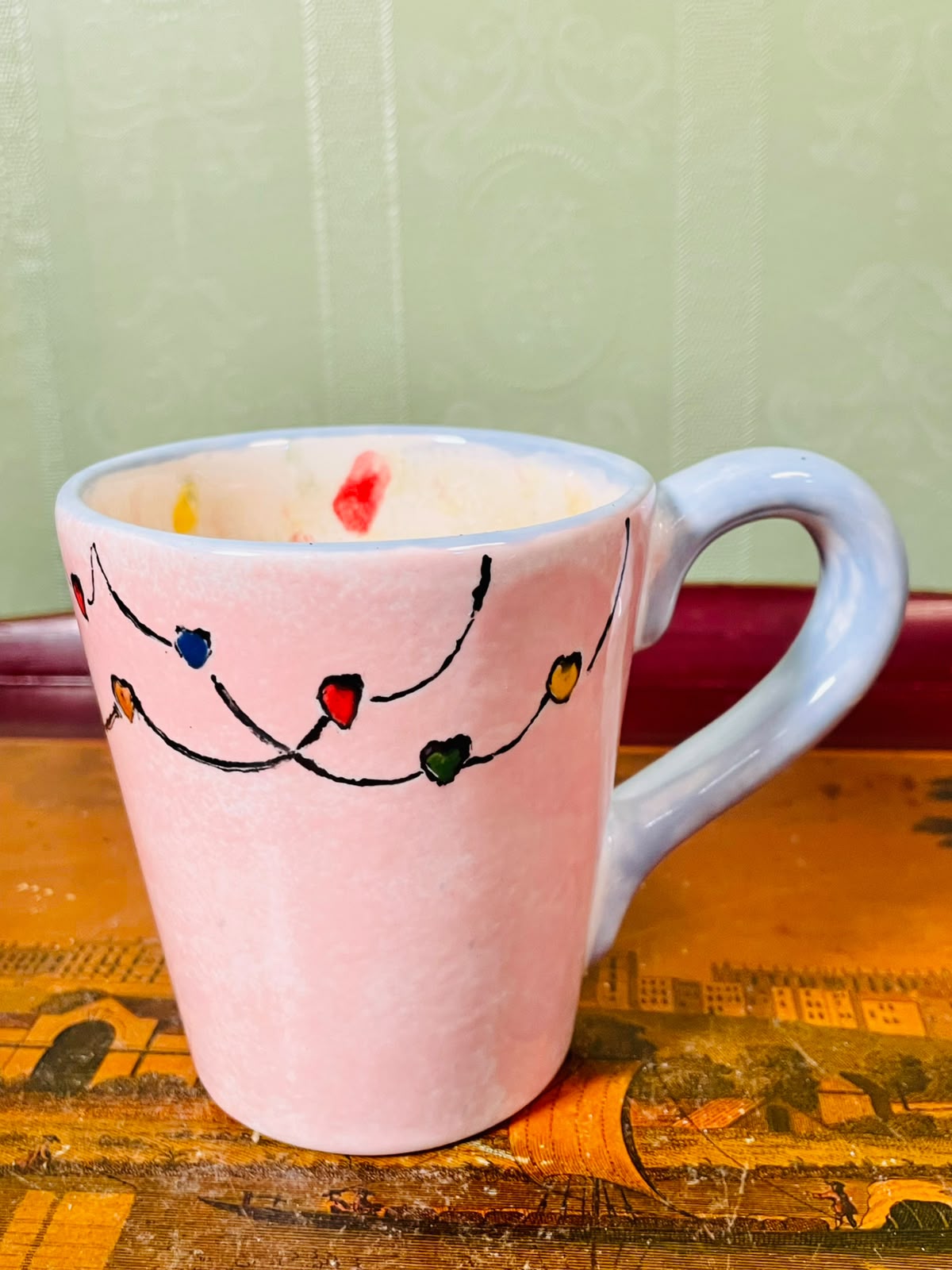 Pink Heart Ceramic hand painted Mug 10cm with Blue Handle