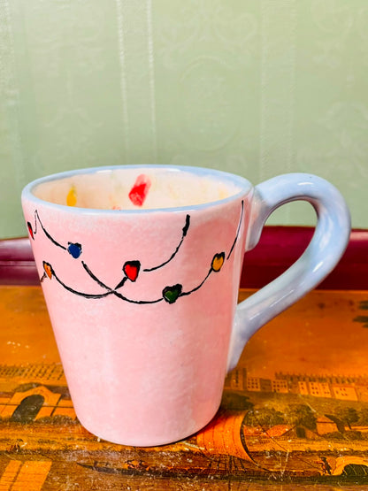 Pink Heart Ceramic hand painted Mug 10cm with Blue Handle
