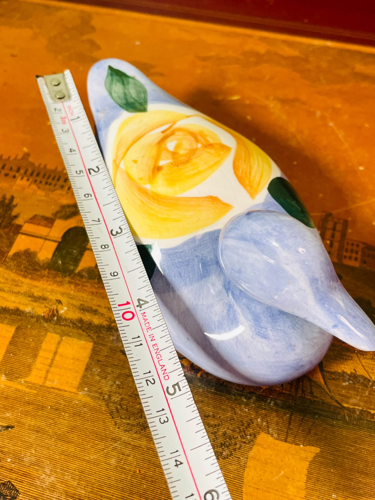 Lavender Ceramic Duck hand painted Figurine with Yellow Rose 14cm