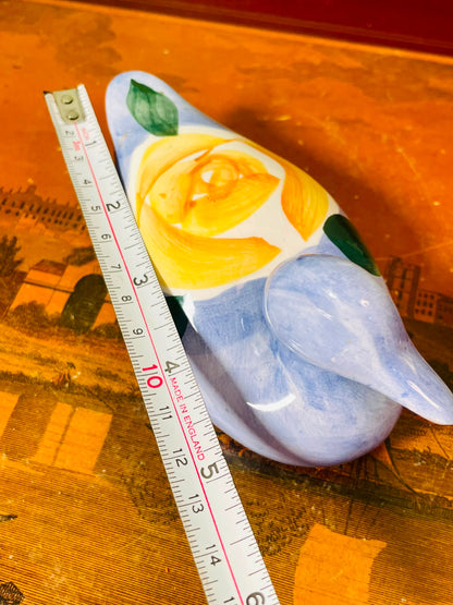 Lavender Ceramic Duck hand painted Figurine with Yellow Rose 14cm