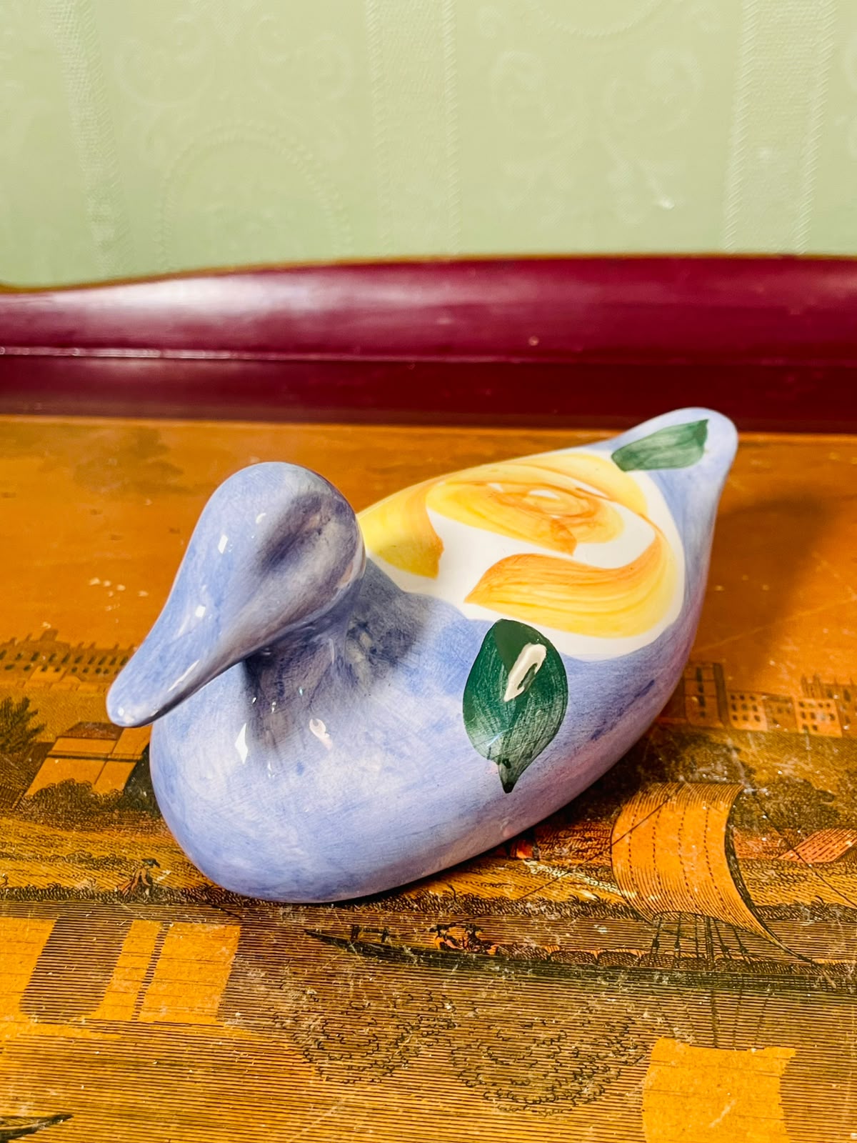 Lavender Ceramic Duck hand painted Figurine with Yellow Rose 14cm